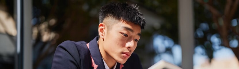Naklejka premium Teenage student looking thoughtful while studying outside school