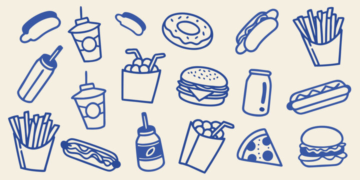 A collection of hand drawn fast food items in blue line art
