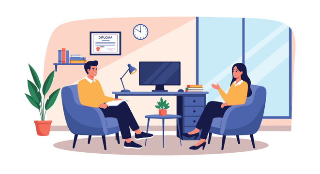 Human resources manager conducts a job interview with a male candidate in a professional office setting with a computer and shelves.