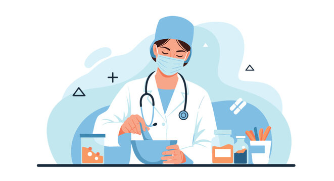 Female pharmacist wearing a medical mask and white coat prepares a medication by mixing ingredients in a laboratory bowl.