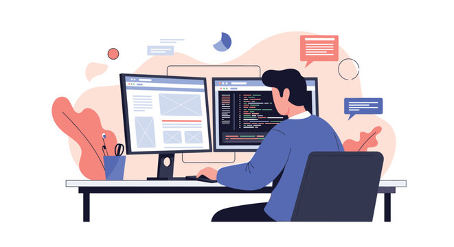 Software developer works on complex computer code and website layouts using multiple monitors in a modern office workspace.