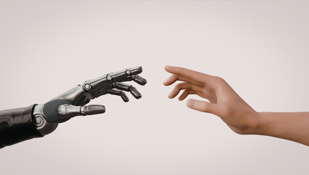 A robotic hand and a human hand nearly touch fingertips in a symbolic gesture of connection and technology meeting humanity.