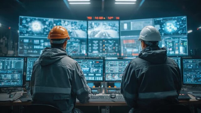 Control Room Cadre: Two skilled engineers in protective gear intently monitor the pulsating heart of industrial operations, a dynamic control room abuzz with data and technology. 