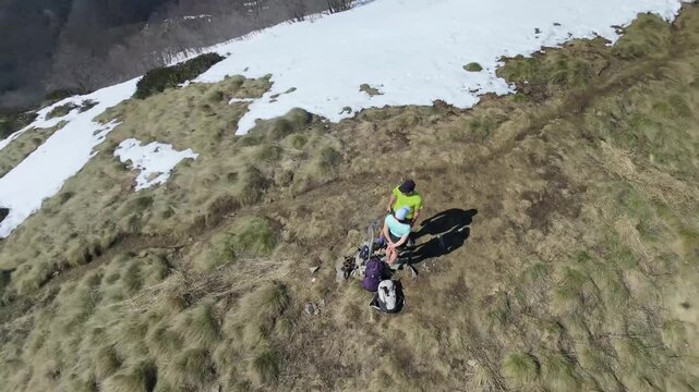 Massa del turlo, valsesia, valle strona, Italy - April: drone view, hiking to the top of the mountain in a sunny day