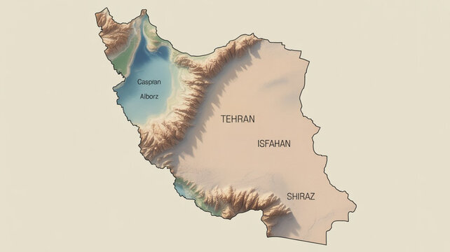 Topographic map of iran with major cities and geographical features including caspian sea.
