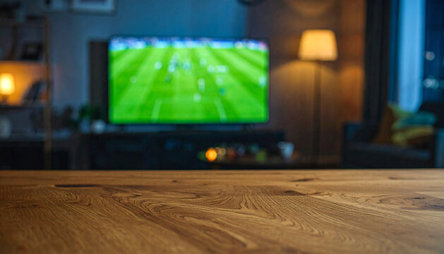 Empty wooden table surface mockup with blurred living room and soccer match on TV background