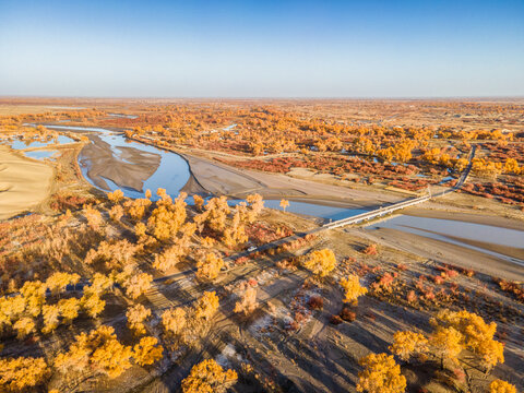 Aerial View of Lop Nur People Village in Yuli, Xinjiang, with Tarim River and Desert