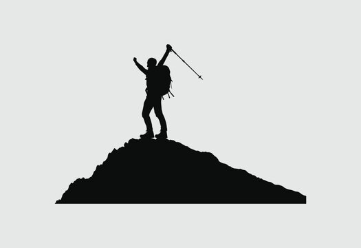A silhouette of a triumphant hiker standing on top of a mountain peak with a raised walking pole