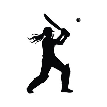 Silhouette of a female cricket player hitting a powerful shot, isolated on transparent background.