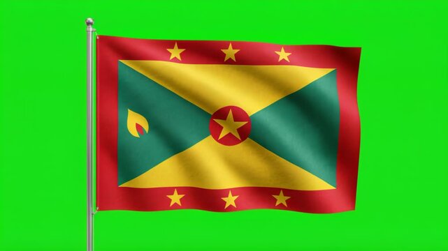 Waving Grenada National Flag on Green Screen Background