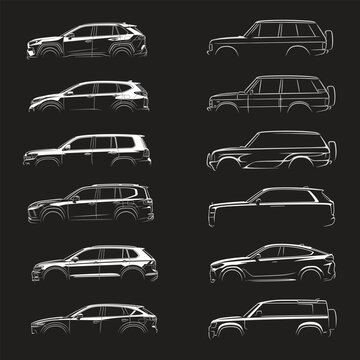 Set of SUV car silhouette on black background