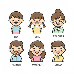 Obraz premium Set of flat design icons representing family members father, mother, boy, girl, and teacher, symbolizing unity and diversity