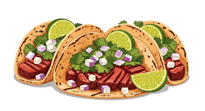 Grilled steak tacos with cilantro, onion, and lime illustration