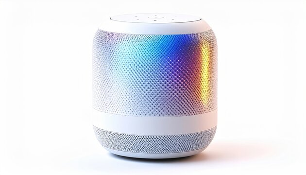 White cylindrical smart speaker, illuminated with colorful light patterns on a white background