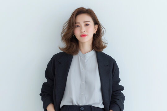 日本人, 女性, 30代, ビジネスウーマン, キャリアウーマン, 白背景, ポートレート, 自信, 信頼感, プロフェッショナル, ビジネス, 働く女性, キャリア, 転職, 求人, リーダーシップ, 落ち着き, 笑顔, 優秀, 人事, 企業, 広告素材, コピースペース, 切り抜き, ジャケット, ブラウス, 赤リップ, 茶髪, ミディアムヘア, ウェーブヘア, ナチュラル, 美肌, 清潔感,
