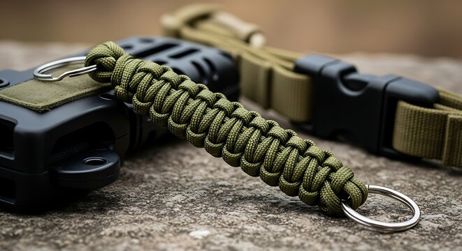 Close-up of a green paracord keychain with a metal ring and a tactical background.