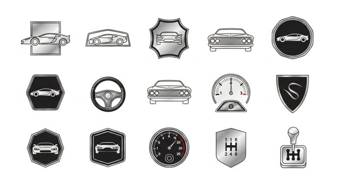 Collection of car emblems and dashboard elements.