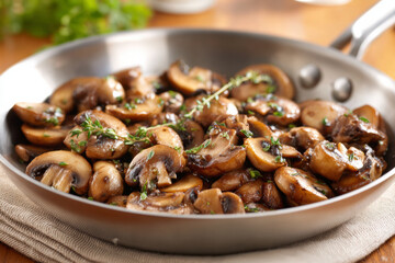 Fototapeta premium Flavorful Brown Button Mushrooms Saute in a Skillet Ready to Serve
