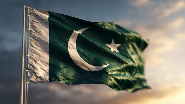 pakistani flag waving in the wind. flag of pakistan at sunset