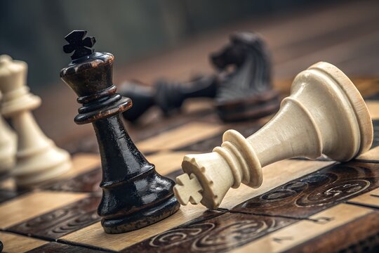 Black king chess piece standing tall over a fallen white king on a wooden chessboard during a competitive match