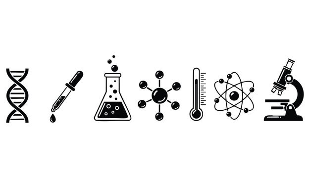 Science vector icons set, lab equipment illustration, chemistry icon and research symbol collection