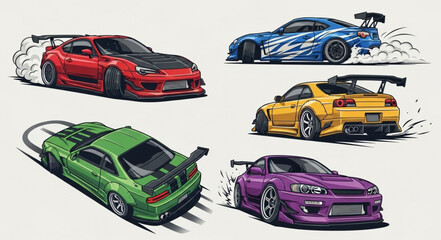 Fototapeta premium Collection of Five Tuned Sports Cars in Dynamic Poses.