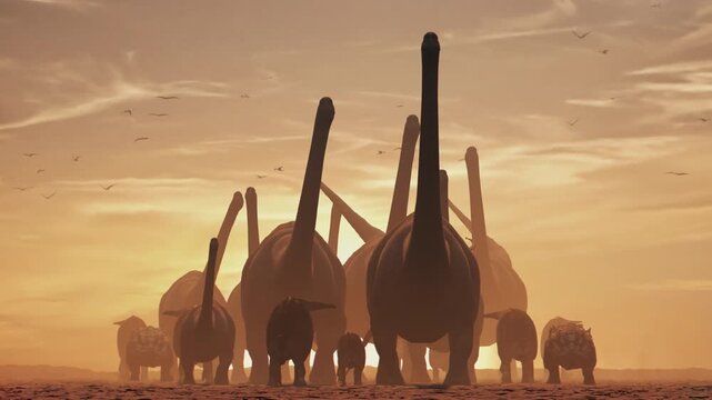 4K, 10-second 3d animation featuring a herd of diverse dinosaurs migrating through a prehistoric landscape at dusk, including Brachiosaurus and Triceratops
