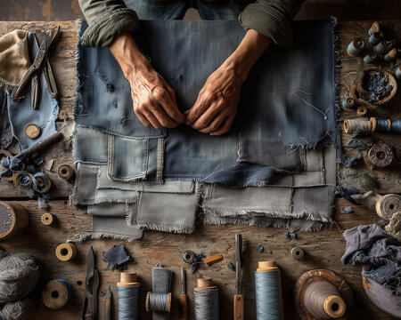 Top-down view of a craftsman upcycling old denim fabric on a rustic wooden workbench with sewing tools