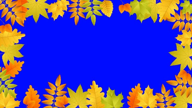 Autumn leaves frame on a green screen chroma key. Very cartoonish animation, maple leaf, photo frame alpha channel