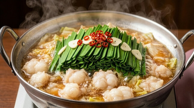 Steaming Motsunabe, Japanese Offal Hot Pot with Nira Chives, Garlic, and Chili Peppers