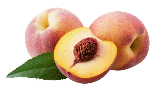 Two ripe peaches one halved to show pit and flesh with a green leaf, isolated on transparent background