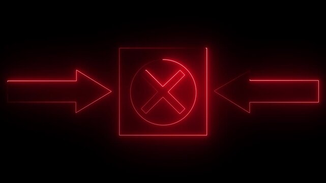 Cross with two arrows icon animation glowing neon red color wrong no cancel circle rectangle round rotation information direction signal sign symbol on black background. 4k animation.