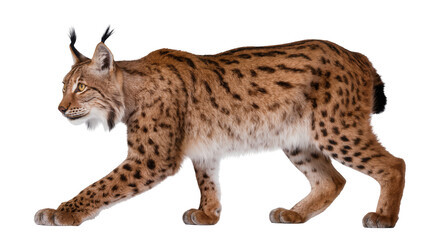 Fototapeta premium Eurasian lynx with spotted fur walking, isolated on transparent background
