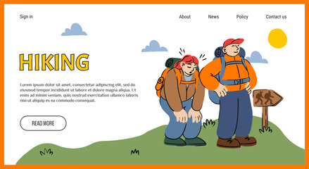 Fototapeta premium Hiking landing page. Camp activity. Cartoon hikers. Couple with backpacks walking in nature. Website design template. Travelers camping vacation. Adventure journey. Summer travel. Vector background