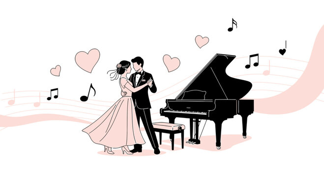 Couple Dancing by Grand Piano, Hearts, Music Notes - Romantic Wedding Illustration