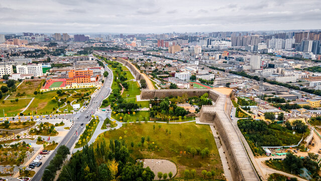Aerial view of ancient city wall of Yulin Garrison City, Yulin, Shaanxi, China