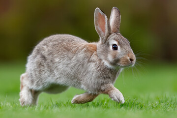 Obraz premium Cute Cottontail Rabbit Hop Across Vibrant Green Grass Field Outdoor