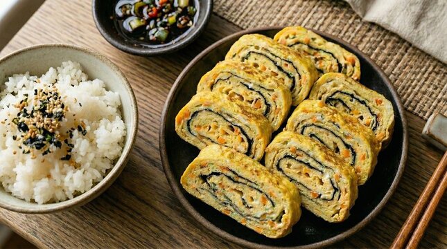 Savory Korean egg rolls layered with roasted seaweed and carrots, served with a bowl of white rice topped with furikake and a spicy soy dipping sauce on wood.