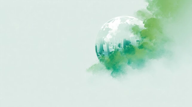 Earth globe with cityscape and green smoke for environment, sustainability, nature protection, ecology and clean energy concept background.