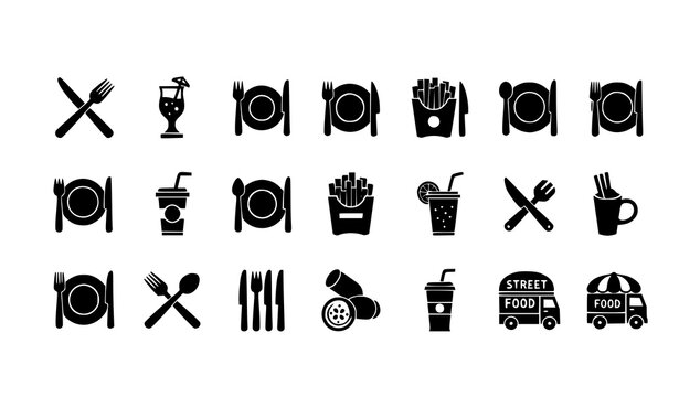 Bold diner icons set food utensils fries and street food symbols vector eps10