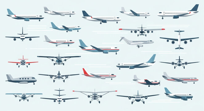Collection of various types of airplanes and aircraft.