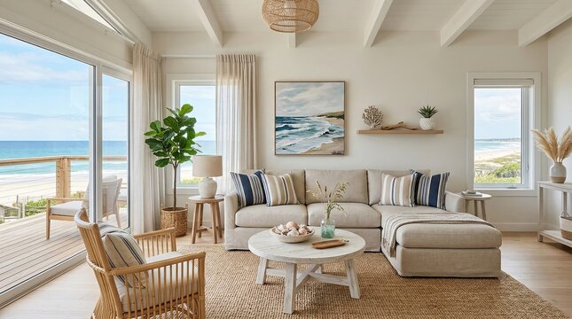 Coastal living room interior with airy layout, beach-inspired decor, relaxed seaside atmosphere, modern coastal house style