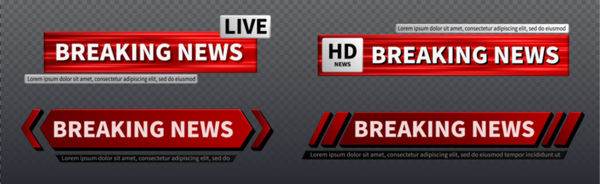 Breaking news banner template with red lower third bar for TV broadcast channels, realistic vector set of frames isolated on transparent background. Elegant header overlay graphic for live headlines