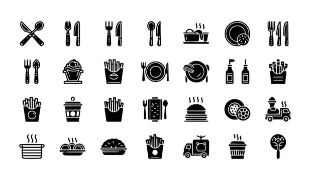 Minimal diner icons set filled food utensils fries and restaurant symbols vector eps10
