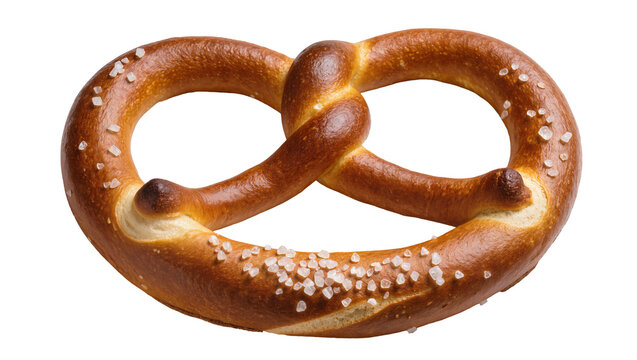 Golden brown pretzel with coarse salt crystals, isolated on transparent background