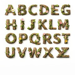 Naklejka premium Alphabet Nature: A captivating array of alphabet letters crafted from natural elements, each adorned with delicate foliage, offering a unique and organic artistic expression.