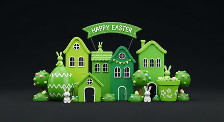 Naklejka premium 3D Easter house decoration with bunnies and happy easter banner on dark background