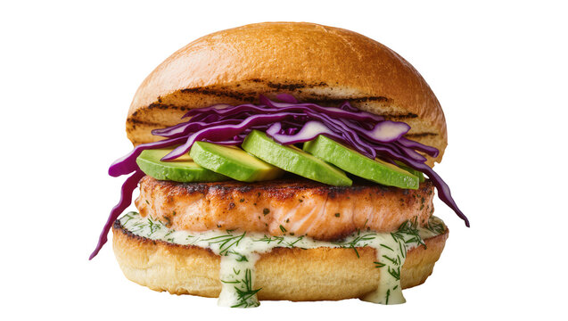 Grilled salmon burger with avocado and red cabbage, isolated on transparent background