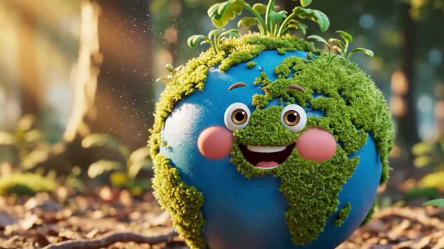 Smiling cartoon earth with green moss and plants on its surface