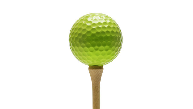 Bright green golf ball on wooden tee, isolated on transparent background